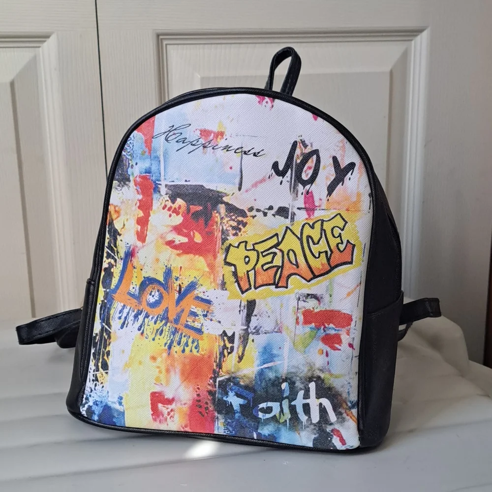 Small graffiti backpack purse - black / multi color faux leather